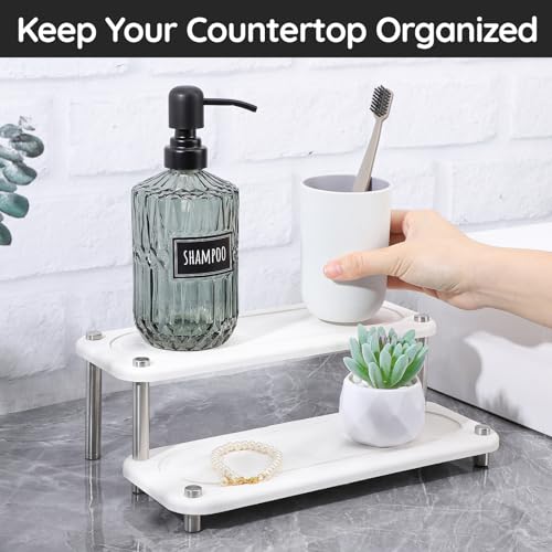 Image of Segbeauty 2 Tier Instant Dry Counter Organizer, 11x4.3in Quick Dry Diatomaceous Earth Stone Drying Tray, Water Absorbing Stone Fast Drying Countertop Rack Sponge Soap Holder for Kitchen Bathroom White