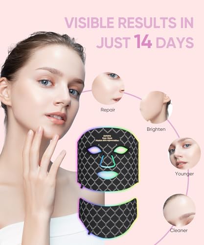Image of EVFOFO 7-Color LED Red Light Mask, Face & Neck, 630nm & 850nm NIR, Cordless | Red Light Mask for Face and Neck, all face shapes, smooths fine lines, soft silicone, cordless USB-C for Home, Work&Rest