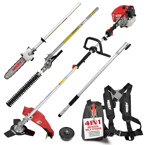 HECHT Hochwertiges 4 in 1 Benzin Multifunktionsgerät - Starke 2 PS - Freischneider, Rasentrimmer, Hochentaster und Heckenschere in Einem I Mit idealer Verlängerung