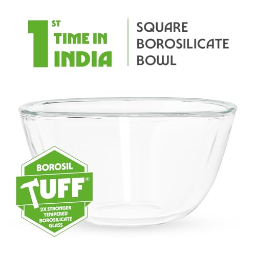 Image of Borosil Square Shape Serving & Mixing Bowl | Borosilicate Glass Bowl for Kitchen & Dinning | Bowl for Mixing Dough, Salad, Batter | Microwave & Dishwasher Safe | Transparent (1.1 L + 1.6 L)