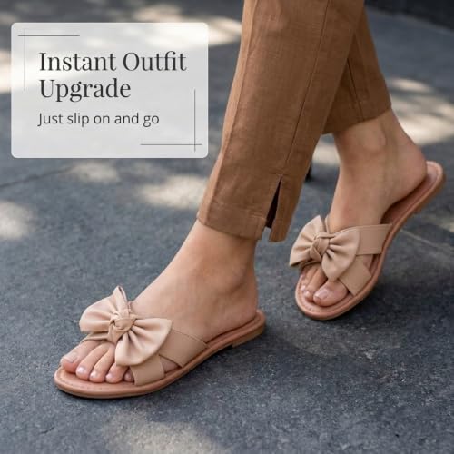 Image of Tiara Women's Bow Sandals, Slip On Flat Slides with Bow Detail | Cute Summer Sandals, Cushioned for All-Day Comfort - Great for Beach, Vacation & Everyday Wear