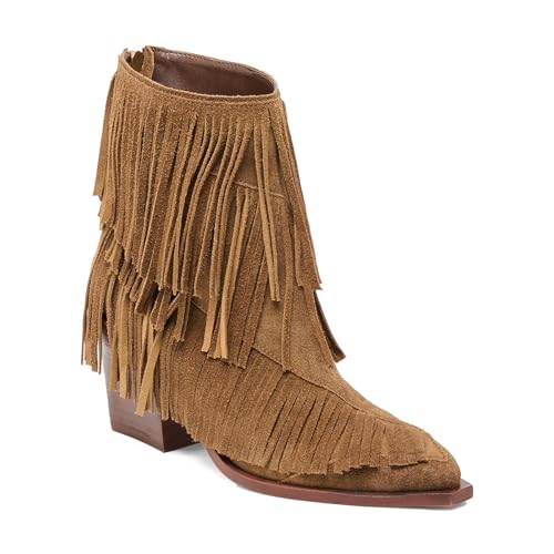 Fringed Ankle Boots Pointed Toe Suede Tassel Short Boots Chunky Heeled Booties for Women3