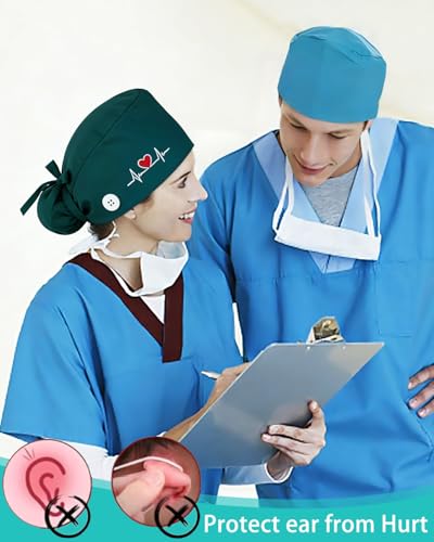 LEEQ 1 Stück OP Haube Stoff Verstellbare Arbeitsmütze mit Knöpfen OP Hauben Krankenschwesternmütze Schweißband Baumwolle Kochmütze Pferdeschwanzhalter Scheuermütze Mutze Damen Herren(grün)