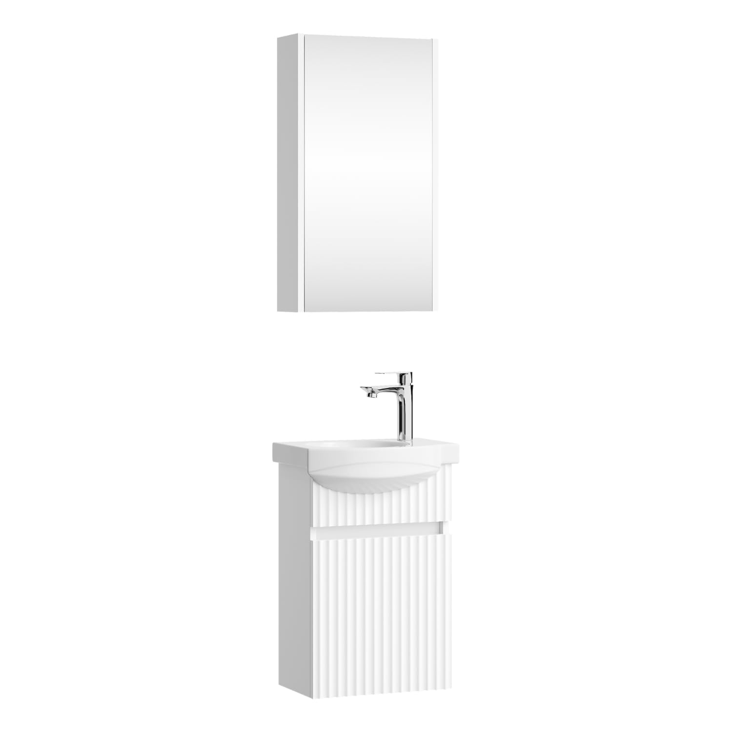 Planetmöbel Waschbecken mit Unterschrank 40 cm inkl. Keramikwaschbecken und Spiegelschrank, Gäste WC Badmöbel Set, weiß matt