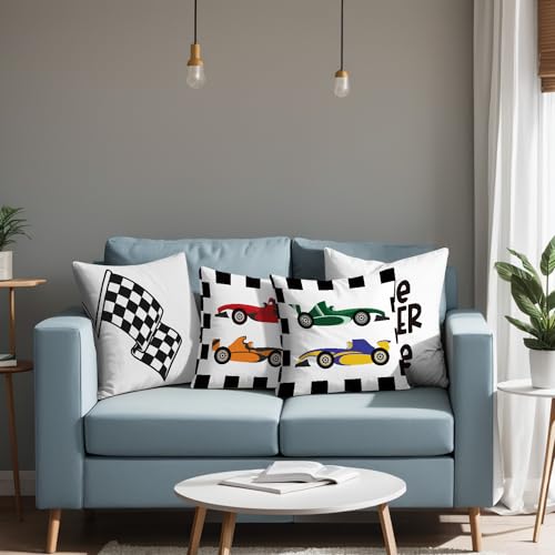 Isanou 075 Little Racer Dude Throw Pillow Covers,Race Car Buffalo Plaid Decorate Pillow Covers thumb #2
