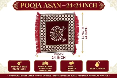 Image of Premium Chenille Puja Asan 24 x 24 Inch Rose Floral Prayer Mat Soft Comfortable Washable Sitting Mat for Mandir Meditation Home Temple