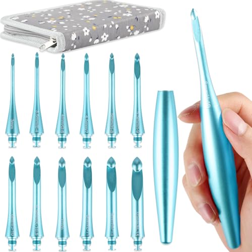 Image of Svartur Interchangeable Crochet Hook Set with 12 Hooks - Ergonomic Crochet Hooks Large Handle, US Sizes E-4 to N-15 (3mm-10mm), Smooth & Lightweight, Crochet Kit with Storage Case, Blue