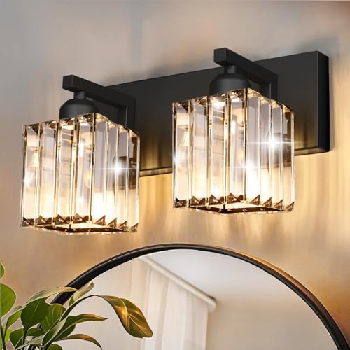 Image of Black Crystal Bathroom Vanity Light, 2-Light Modern Bathroom Lighting Fixtures Over Mirror, Matte Black Wall Sconce with Square Shade