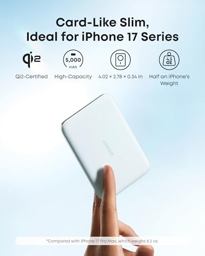 Image of Anker Nano MagSafe Portable Charger, Ultra-Slim 5,000mAh Magnetic Wireless Power Bank, Qi2-Certified 15W Max, Compact for Travel, Ergonomic Design, for iPhone 17 /16 Series, and More