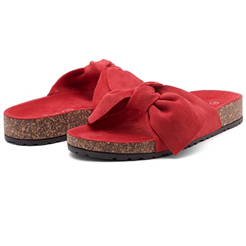 Shoe Land Sl-Nylah Women's Knot Bow Slide Sandals Cork Footbed Slip On Slides Casual Platform Slippers 2020Red 7.0 #TOP6