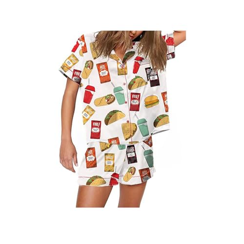 Funny Graphic Pajamas for Women Set Button Down Short Sleeve Top and Shorts Pjs Sets Sleepwear XS-XXL White