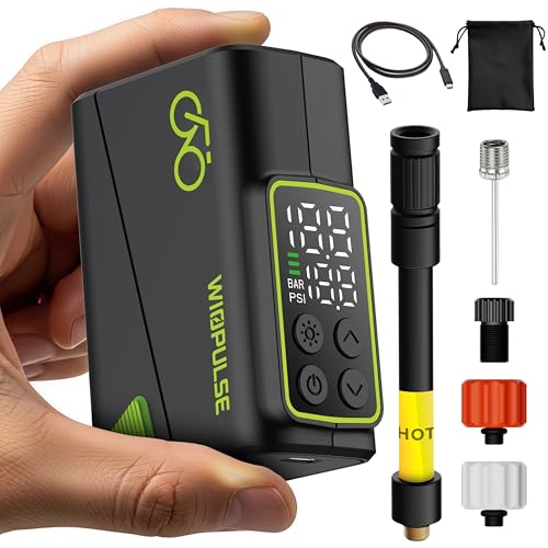 Wiopulse Pompe Vélo Électrique 150 PSI, Mini Compresseur Portable LCD, Arrêt Auto, LED, Presta & Schrader, Vélo Route, VTT, VAE, Trottinettes