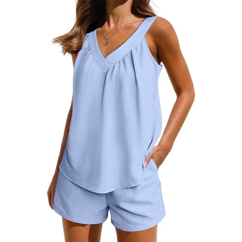 Generic 2 Piece Lounge Sets for Women Summer Workout Outfits
| Matching Sleeveless V Neck Cami Top and Shorts Solid Set
