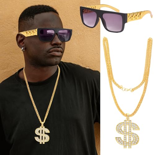 9 Stück Zuhälter Kostüm, Hip Hop Rapper Set - Goldkette mit Dollar, Dollar Ringe, Sonnenbrille, Armband, Spielzeugfinger | 80er 90er Jahre Gangster Gang Outfit Herren für Karneval, Mottoparty (A)