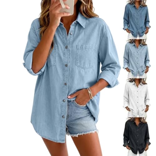 NORIBENREN Denim Shirt Women,Denim Shirt Women Button Down Loose Fit Tunic Long Sleeve Jeans Jacket Casual Oversized Blouse with Chest Pockets(Light Blue_01,Small)