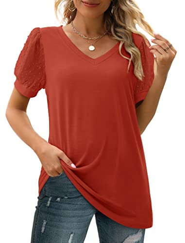 Image of Aokosor Womens Summer Tops V Neck T Shirts Swiss Dot Puff Sleeve Tops Loose Casual Tshirts