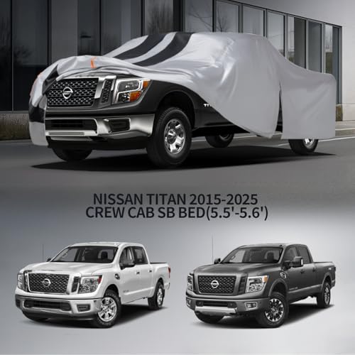 Image of Nissan Titan Truck Cover Custom Fit 2015-2026 Crew Cab Short Bed(5.5'-5.6') with Door Zipper, 10 Layer Outdoor Pickup Truck Cover Waterproof All Weather,Car Tarp for Wind Dust Sun Protection.