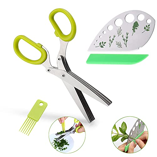 AUTIDEFY Herb Scissors 2 IN 1 Tools Set Stainless Steel Herb Cutter Tools 5-Blades Scissors with Herb Stripping Tool, Cleaning Comb for Cutting Cilantro Onion Salad