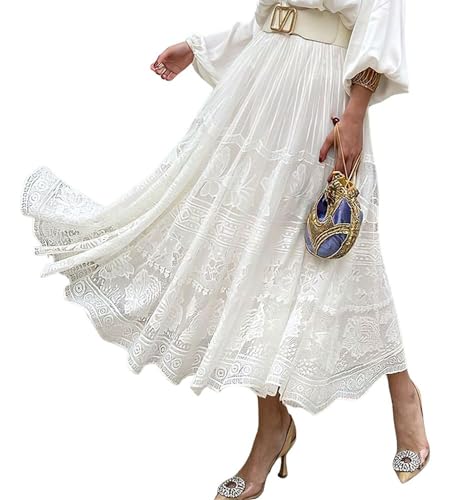 ebossy Women's Elegant Lace Tulle Skirt High Waist A-line Swing Prom Party Long Skirt with Liner