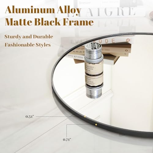 Image of VooBang Large Black Round Bathroom Mirror, 48 inch Circle Wall Mounted Hanging Mirror with Simple Modern Circular Metal Frame for Hallway, Entryway, Living Room, Black Frame