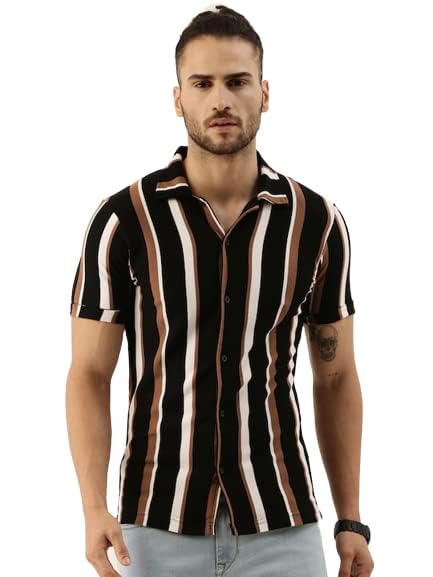 Image of Men's Striped Slim Fit Half Sleeves Stratchable Printed Shirt