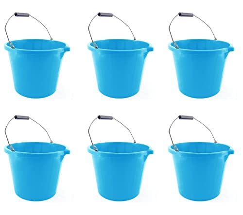 M1SS [𝗦𝗲𝘁 𝗼𝗳 𝟲]- Blue 3 Gallon 14 Litre Builders Bucket Strong Large Water Mixing Tub with Handle, Measuring Guide and Pouring Lip Gardening, Household -Made In U.K