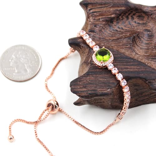Image of Rose Plated Gold Brass Box Chain Cubic Zirconia Classic Tennis Slider Adjustable Bracelet, Round Big Zircon Charm Give Woman Mom Mother's Day Fashion Crystal Gift