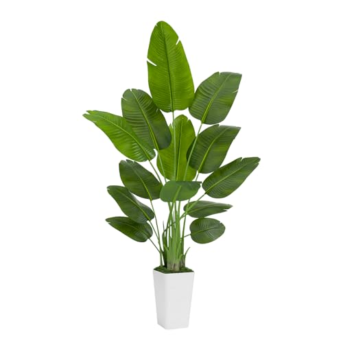 Image of Lifelike Bird of Paradise Artificial Plant 7ft Faux Banana Leaf TRE with White Tall Wavy-Textured Planter for Home Decor- perect Indoor Silk Floor Plant for Living Room Office Ambianc Enhancement