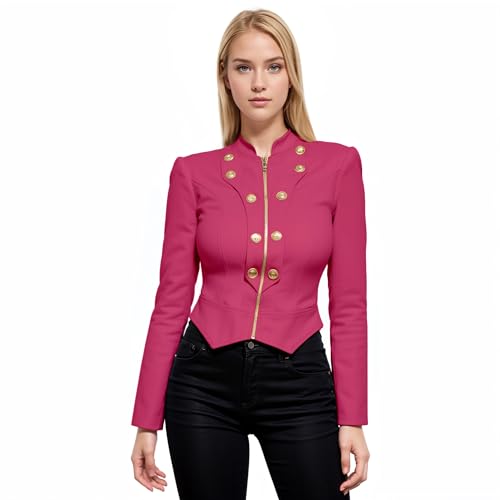 Hybrid & Company Women's Fashion Military Crop Premium Ultra Stretch Gold/Sliver Millennium Zipper Up Dressy Blazer Jacket KJK1125 Fuchsia Large