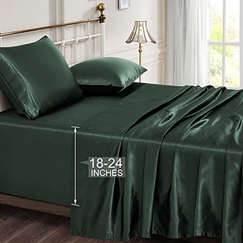 Vonty Queen Size Satin Sheets - Extra Deep Pocket, 4 Piece Set, Forest Green