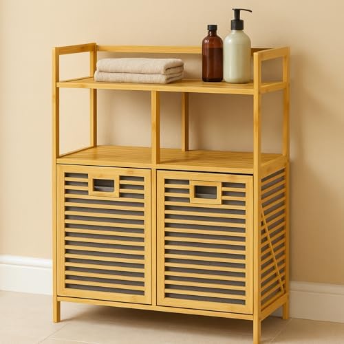 Bambu 2 Kapaklı 240 Lt Çamaşır Dolabı Çamaşır Sepeti Banyo Düzenleyici 90x82,5x33 cm Açık Raflı Çok Amaçlı Depolama - Görsel 2