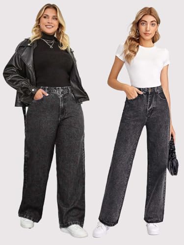 Image of KOTTY Women's High Waist Wide Leg Button Coin Pocket Straight Fit Jeans Stylish Regular to Plus Size Fit Denim Jeans for Women