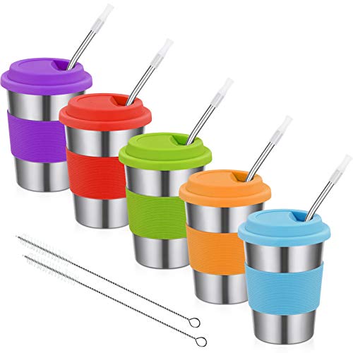 Lifecapido 5 Pack Stainless Steel Cups Set Drinking Tumblers with Silicone Lids and Straws for Adults Stackable Cups Suitable for Indoors and Outdoors12oz Colorful