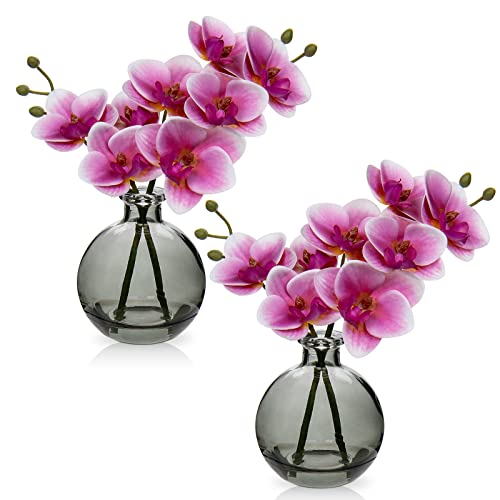 Hollyone 2pcs Artificial Pink Orchid Flower in Vase, Small Fake Orchid Plant with Glass Vase