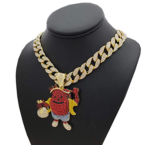 Hip Hop KOOL AID MAN Holding Money Bag Pendant & 18" Iced Cuban Link Choker Chain Necklace3