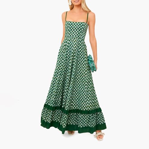 Women Long Beach Dress Sleeveless Spaghetti Strap Checkerboard Print Flowy Dress Midi Slip Dress2