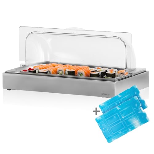 Mahlzeit Plato refrigerado para servir, 54 x 34 x 24,5 cm, placa de refrigeración GN 1/1 con tapa, sistema de enfriamiento con acumulador de frío, placa para servir con 2 acumuladores de frío, placa