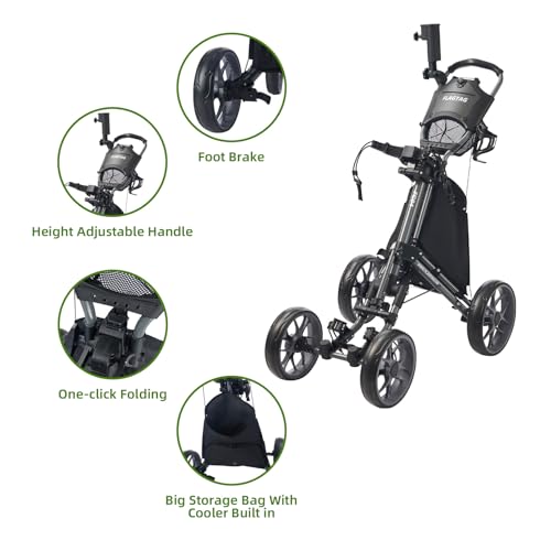 Image of Golf Push Cart 4-Wheels,Folding Golf Cart, Golf Pull cart with Cup Holder,Umbrella Holder,Cooler Bag, Foldable with one-Click,Handle Height Adjustable,Drink Holder,Walking Push cart