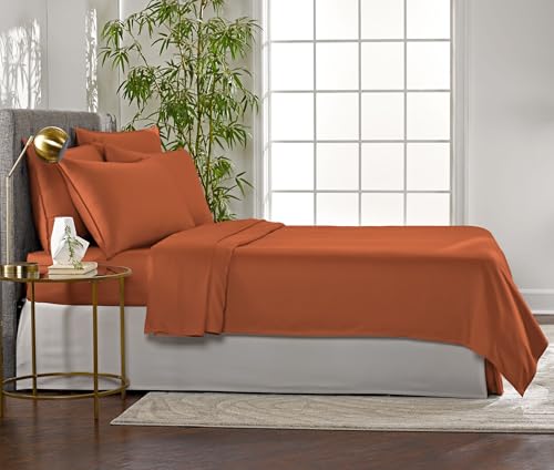 Image of Pure Bamboo Queen Sheets, Genuine 100% Organic Viscose Derived from Bamboo Bed Sheet Set, Luxuriously Soft & Cooling, Double Stitching, 2 Year Quality Promise (Queen, Terracotta)
