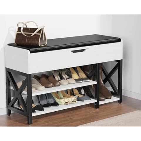 astimey Shoe Bench, Lift Top Shoe Storage Bench, Adjustable Shelf Entryway Bench with Padded Cushion for Entry, Closet, Living Room, Hallway, 2-Tier Shoe Rack Organizer (White, 35.5“W) Cover