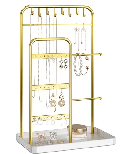 pickpiff Jewelry Holder Stand: Jewelry Display for Necklace Bracelet Earring Ring White & Gold