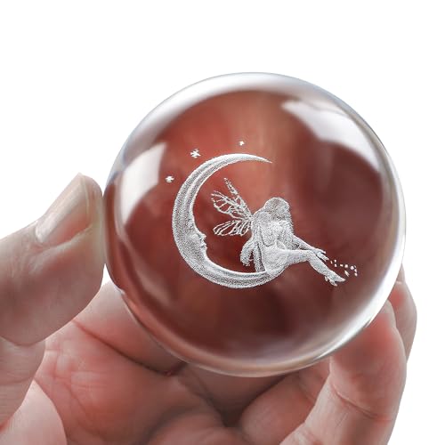 vskikris 60mm Crystal Ball 3D Laser Moon Fairy Figure - Glass Paperweight & Decorative Ball with Stand - Glass Ball Ornaments for Home & Office Decor, Gifts for Women Girls Wife Daughter