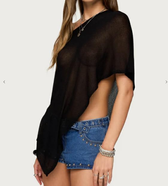 Women Knit Poncho Top Y2k Off Shoulder Crochet Sheer Shawl Asymmetrical Hem Cover Up Shrug Sweater - Image 3