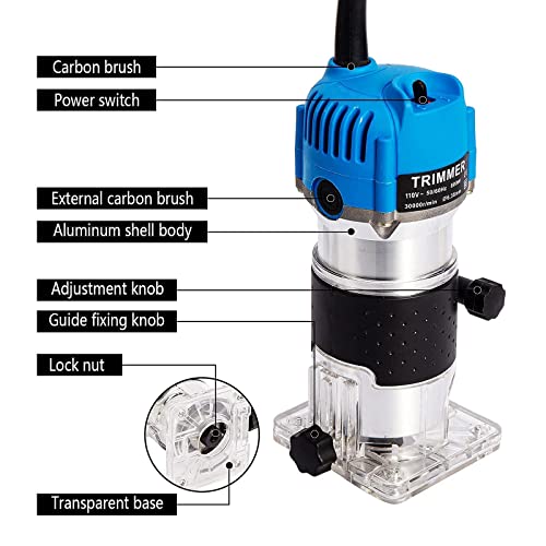 Wood Routers, Wood Trimmer Router Tool, Compact Wood Palm Router, Tool Hand Trimmer, Woodworking Joiner, Cutting Palmming Tool, 30000 Rpm 1/4" Collets 800W 110V #TOP7