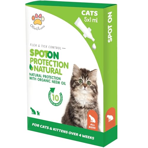 Cat Flea Spot On Drops - Cats & Kittens from 4 Weeks -100% Natural with Organic Neem Oil - Moisturise Skin Prevent Fleas Ticks Itchy Skin - 5 Pipettes in Plastic-free Sustainable Packaging