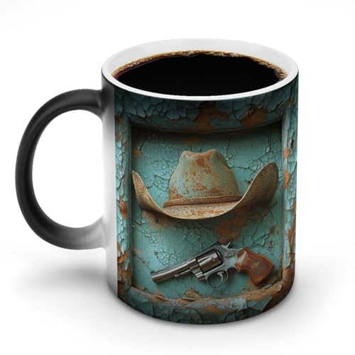 KWQDOZF Taza de cerámica con diseño de sombrero de vaquero occidental que cambia de color y cambia de temperatura, ideal para el hogar y la oficina, de 11 oz KWQDOZF Taza de cerámica con diseño de sombrero de vaquero occidental que cambia de color y cambia de temperatura, ideal para el hogar y la oficina, de 11 oz