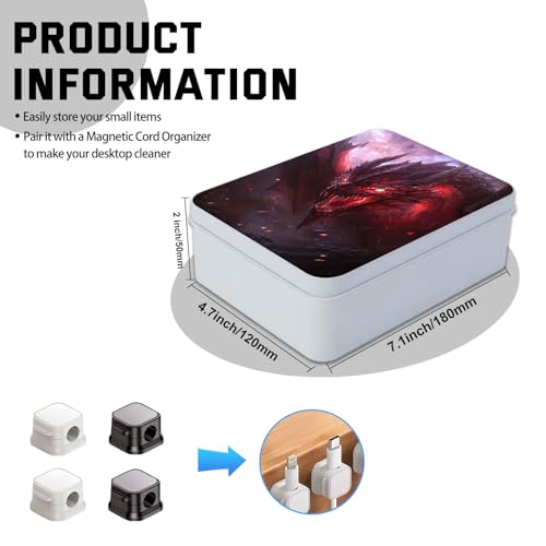 Image of Metal Tin Box with Lid,Multi-functional Storage Large Box Can Store Tea Biscuits Game Cards, Playing & Tarot Cards-Comes with 4 Magnetic Cord Clips,Red Dragon Portrait
