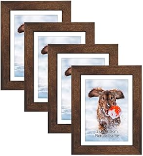 PETAFLOP 7x5 Photo Frames Set of 4, Display Photo 7x5 with Mat or 8x6 without Mat, Wooden Rustic Picture Frame for Wall or Tabletop, Brown
