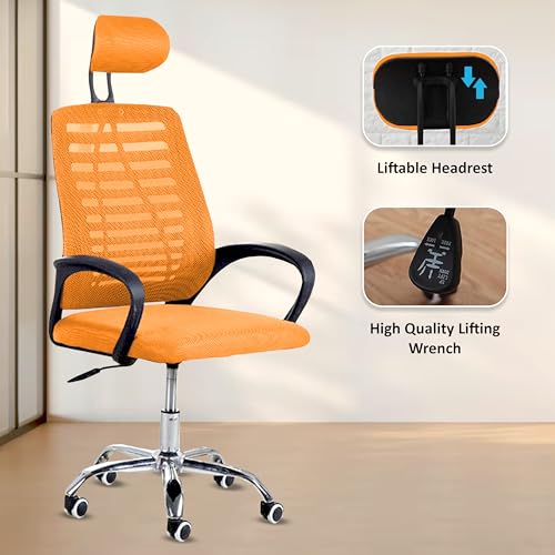 Image of Casa Copenhagen,Mesh Office Desk Chair,Rocking Ergonomic Computer Chair Adjustable High with Headrest and Comfortable Armrest Swivel -Orange & Coal Black Handle