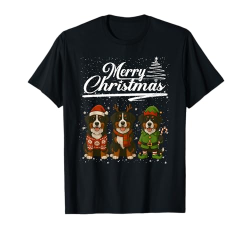 Merry Christmas Bernese Mountain Dog Reindeer Elf Santa T-Shirt